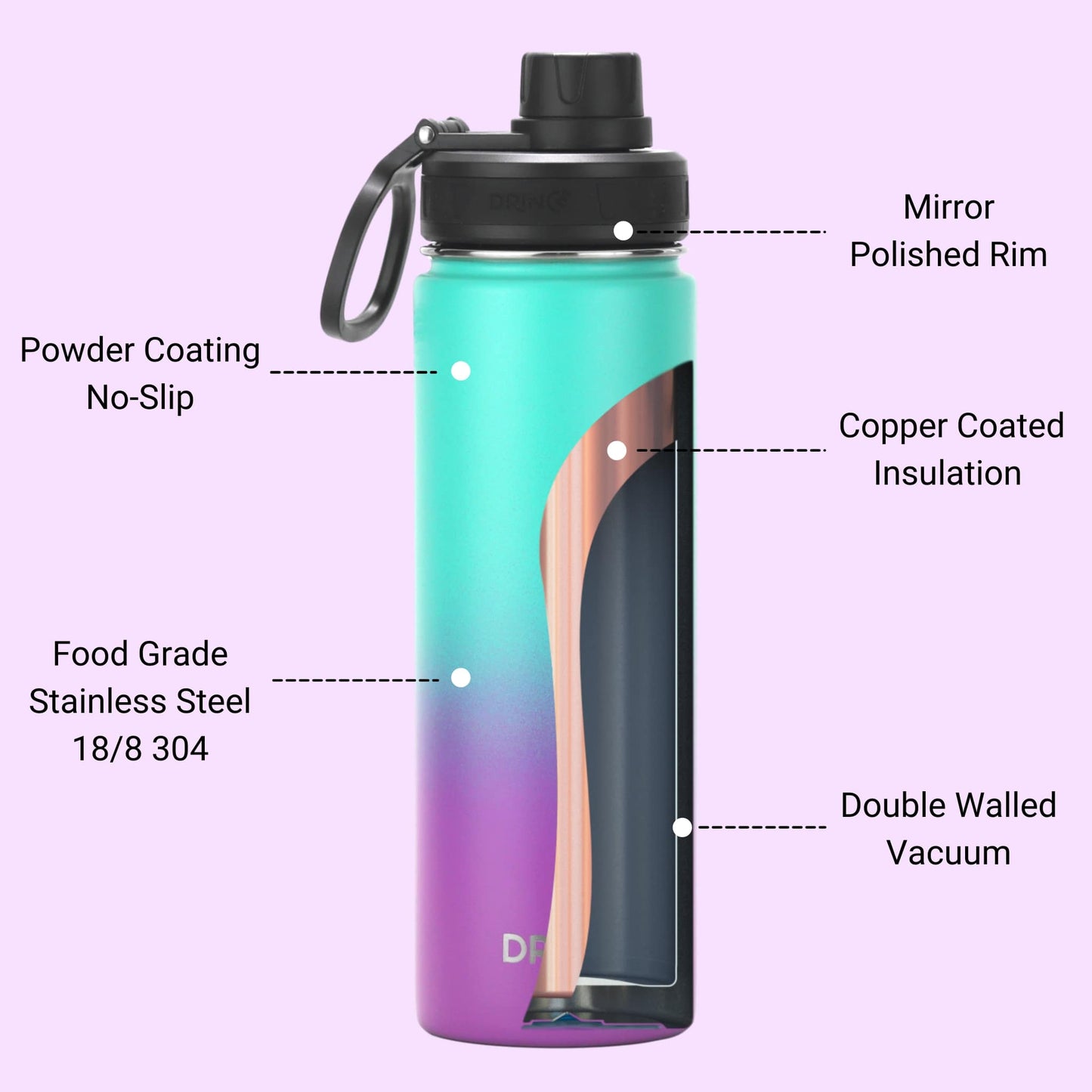 DRINCO® 22oz Stainless Steel Sport Water Bottle - Ombre Fuschia Teal Axcestories